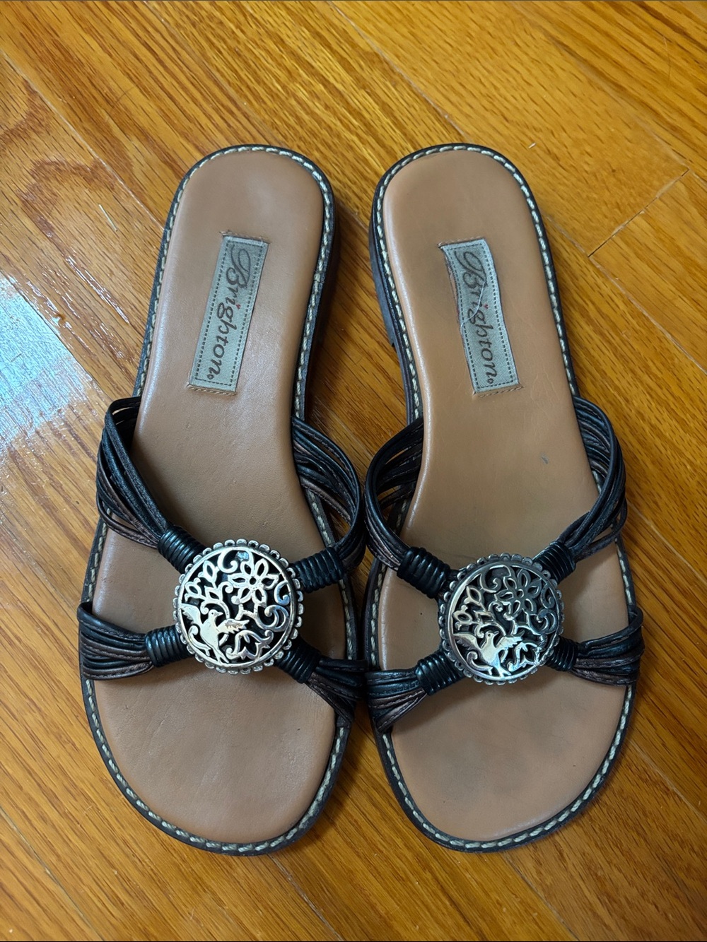 Brighton “Ornate” Leather Slide Sandals with Silver Filigree Medallions